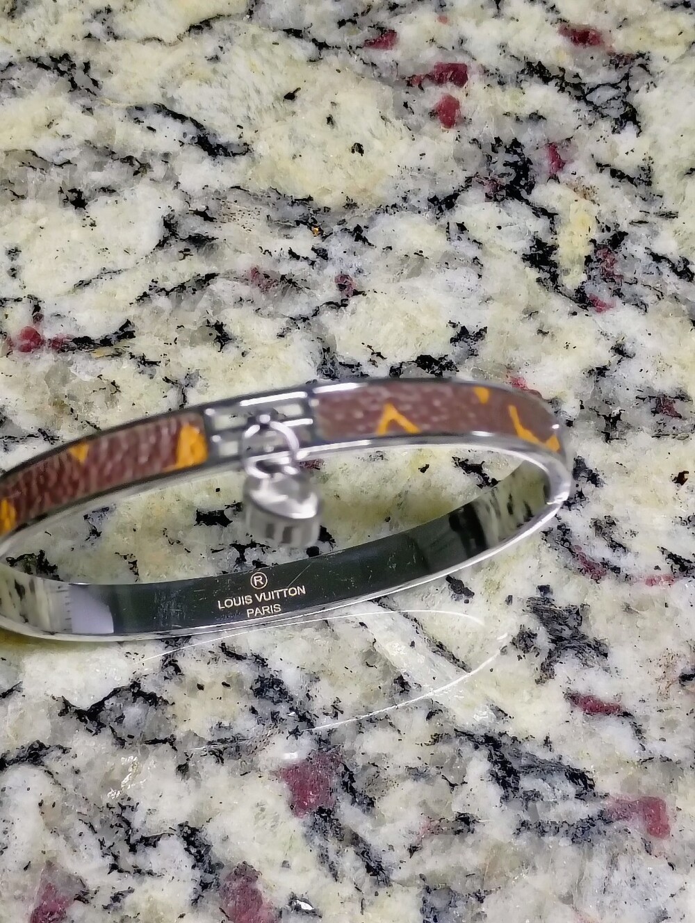 New Brown Monogram Slim Enamel Bangle with Silver Accents